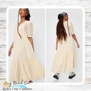 Check Chiffon Puff Sleeve Maxi Dress